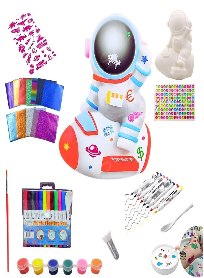 PLUSPOINT DIY Astronaut Piggy bank for kids Paint Decorate Piggy Bank with Gemstone, Stickers, foil art, Markers, Painting Kit DIY Money Coin Bank, Arts and Crafts Birthday Gifts for Kids 5+ Years Old - Image 1